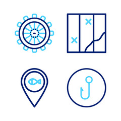 Set line Fishing hook, Location fishing, Folded map and Ship steering wheel icon. Vector