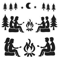 People Sitting Around Campfire Under Stars – Outdoor Night Camping Vector