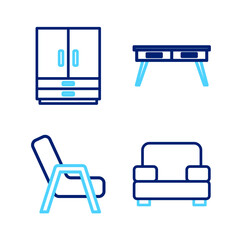 Set line Armchair, Office desk and Wardrobe icon. Vector