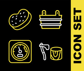 Set line Sauna bucket, Wooden axe in stump, thermometer and Bath sponge icon. Vector