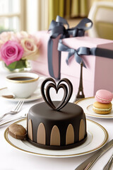Elegant individual chocolate cake decorated with chocolate petals and a heart topper, part of a romantic Parisian-themed table setting.