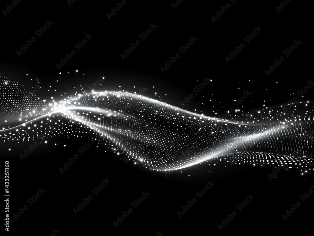 Wall mural abstract white particle wave flowing in dark background