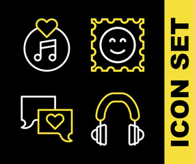 Set line LSD acid mark, Headphones, Speech bubble chat and Vinyl disk icon. Vector