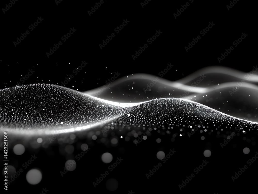 Poster abstract white particle waves flowing in dark space