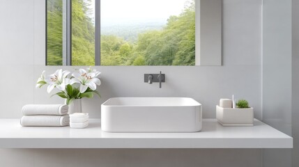 Modern bathroom vanity with nature view