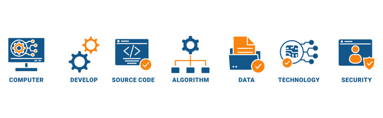 Programming banner web icon vector illustration concept with icon of computer, develop, source code, algorithm, data, technology, security 