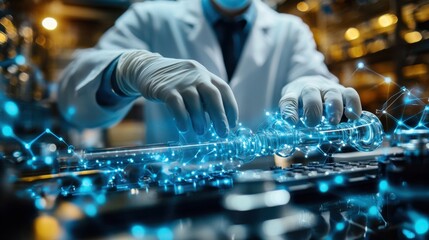 A scientist in a lab uses advanced technology while handling glassware, with digital connections symbolizing data and innovation.