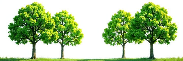 Obraz premium Tall trees with lush green leaves against a pure white background, evergreen, leaves