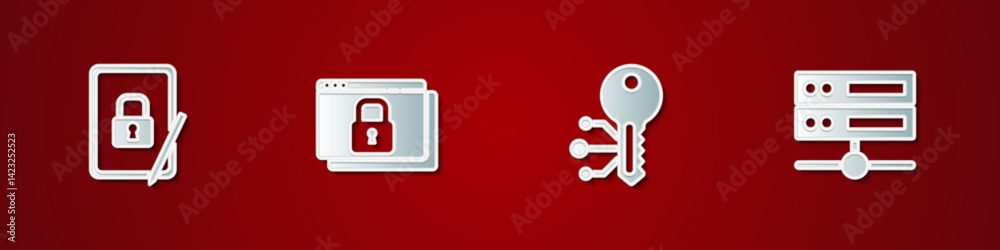 Poster set tablet with closed padlock, secure your site https, ssl, cryptocurrency key and server, data, we