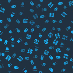 Set Computer mouse, Coffee machine, Electric plug and Table lamp on seamless pattern. Vector