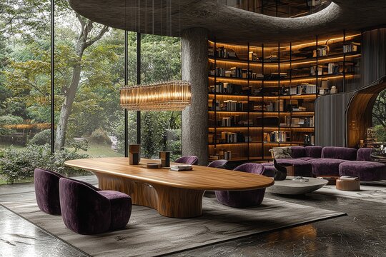  Poliform-style dining table made of oak and metal with purple velvet cube armchairs, modern architecture and large windows showcasing nature.