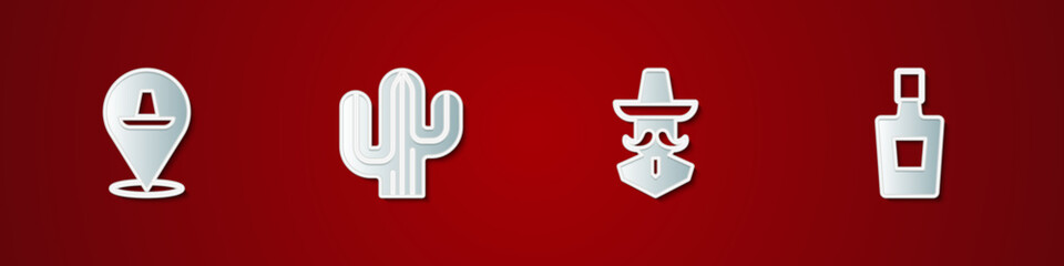 Fototapeta premium Set Mexican sombrero, Cactus, man and Tequila bottle icon. Vector