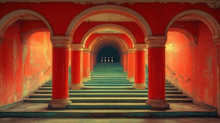 Red arched hallway with a green staircase.