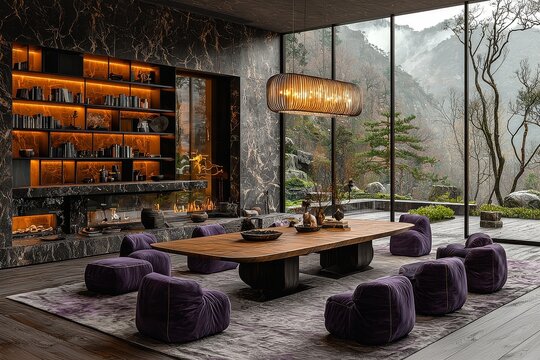  Poliform-style dining table made of oak and metal with purple velvet cube armchairs, modern architecture and large windows showcasing nature.
