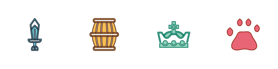 Set Sword for game, Gun powder barrel, King crown and Bear paw footprint icon. Vector