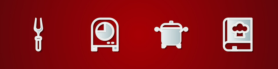 Set Barbecue fork, Kitchen timer, Cooking pot and Cookbook icon. Vector