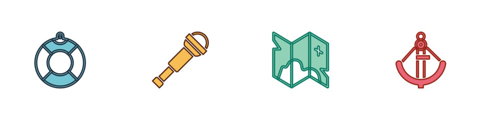Set Lifebuoy, Spyglass telescope lens, Pirate treasure map and Anchor icon. Vector