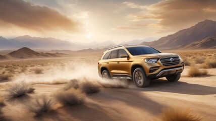 Naklejka premium gold colored car driving through desert sunset