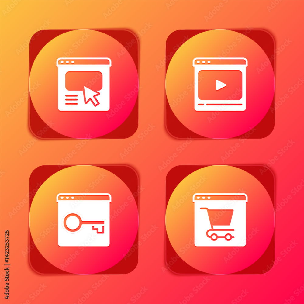 Poster set ui or ux design, online play video, secure your site with https, ssl and shopping on screen icon