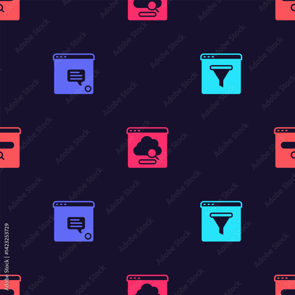 Poster set browser window, new chat messages notification, cloud technology data transfer and search engine