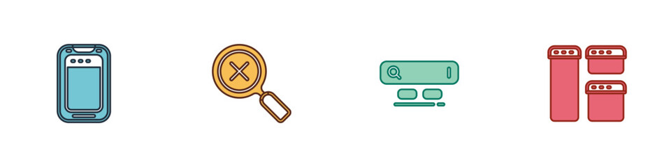 Set Mobile phone, Magnifying glass and delete, Search engine and Browser window icon. Vector