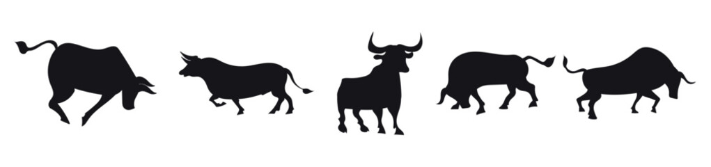 Bull set. Stylized silhouettes of standing in different poses and butting up bulls. Isolated on white background. Bull logo designs set. Vector illustration.