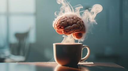 Steaming brain floats over a coffee cup, symbolizing the stimulating effects of caffeine on cognitive function and creativity