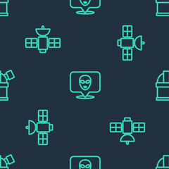 Set line Alien, Satellite and Astronomical observatory on seamless pattern. Vector