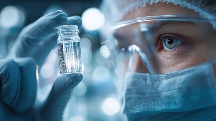 Scientist examining glowing liquid sample during medical research inside sterile laboratory workspace