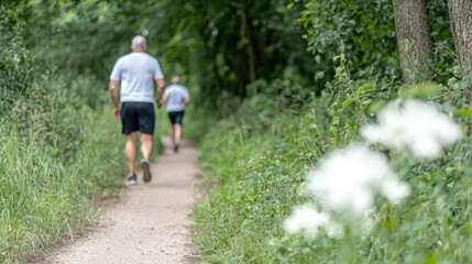 Obraz premium Two men jogging on a trail through a lush forest