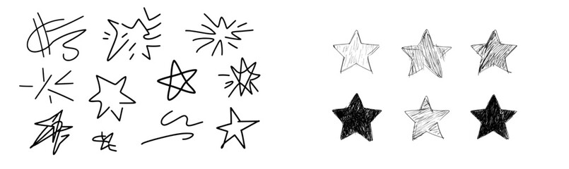 Fototapeta premium Creative icon vector illustration featuring various star designs and playful doodles in black and white tones