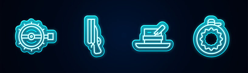 Set line Trap hunting, Shotgun, Hunter hat with feather and Canteen water bottle. Glowing neon icon. Vector