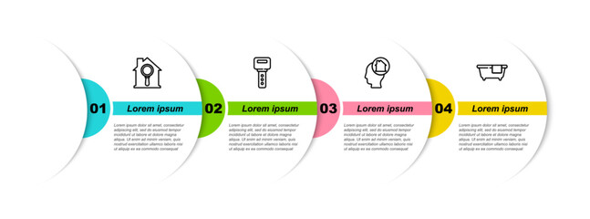 Set line Search house, House key, Man dreaming about buying and Bathtub. Business infographic template. Vector