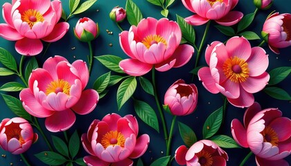 Obraz premium Bold peony blooms & lush foliage, continuous repeat, green, print