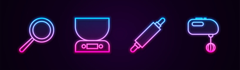 Set line Frying pan, Electronic scales, Rolling pin and Electric mixer. Glowing neon icon. Vector