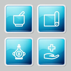 Set line Mortar and pestle, Fitness mat roll, Oil bottle and Cross hospital medical icon. Vector