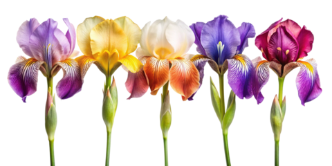 A beautiful arrangement of colorful iris flowers against a clean Trensprent  Background png