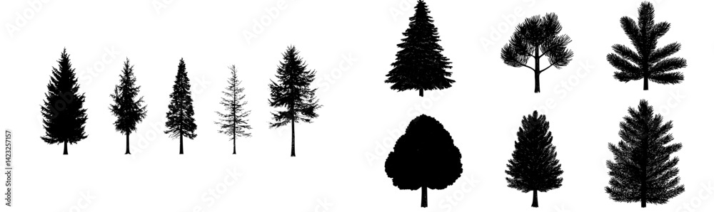 Poster Vector illustration of various tree silhouettes featuring different tree types and shapes for design use
