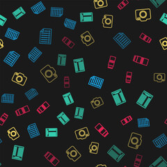 Set line Document, Paper or financial check, Photo camera and package for milk on seamless pattern. Vector