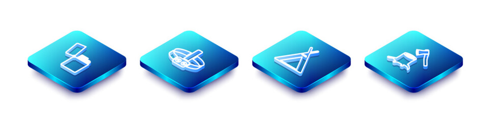 Set Isometric line Lighter, Head flashlight, Tourist tent and Wooden axe in stump icon. Vector