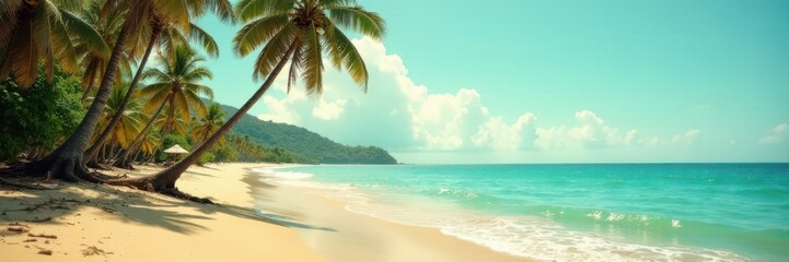 Obraz premium Vintage toned photograph of coconut trees and waves on a serene ocean shore, coconut, distressed