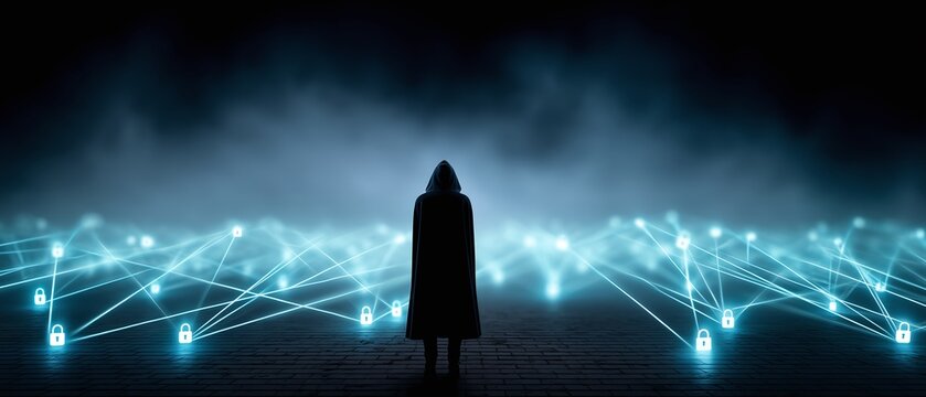 Hacker observing glowing network security visualization with digital padlocks in dark foggy environment