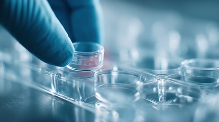 Close-up of gloved hand lifting petri dish from tray in scientific laboratory setting