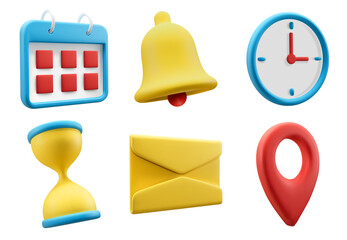 Calendar, hourglass, clock, bell, message, geolocation mark vector icons. Business and office schedule 3d icon set. Design elements for mobile application or web services