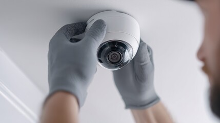 Security technician installing surveillance camera for video monitoring