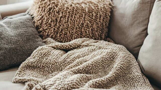 Cozy living room with knit blanket and textured cushions for home design inspiration