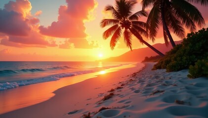 Warm sunsets on sandy beach with swaying palm trees in soft focus, sunset, beach