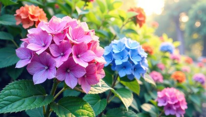 Fototapeta premium Watercolor blooming hydrangea in a garden with colorful flowers, garden scene, garden flowers