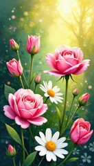 Watercolor painting of blooming roses daisies and tulips in a garden setting with warm sunlight, summer flowers, garden decor