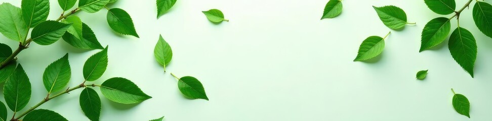 Dense green leaves scattered on white surface, minimalist, green